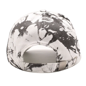 Unisex baseball cap with black and white tie-dye marble print and metal back buckle