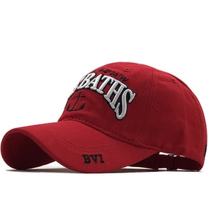 Detail showing white embroidery on deep red cotton twill baseball cap with navy motif