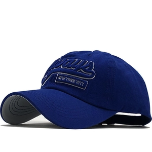 Classic dark blue baseball cap with 3D New York City embroidery on a white background