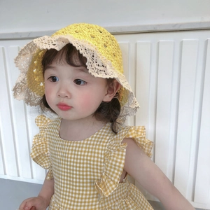 Yellow crochet straw sun hat with lace trim and matching plaid dress for toddler girls