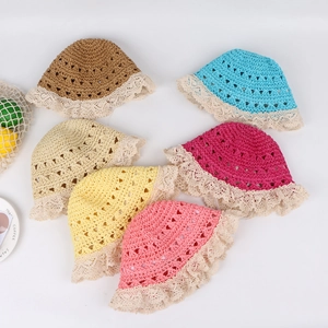 Handcrafted kids straw hats with lace trim in six colors for summer sun protection