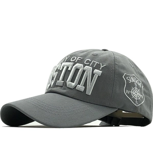 Dark grey cotton baseball cap with Boston embroidery and side compass patch design