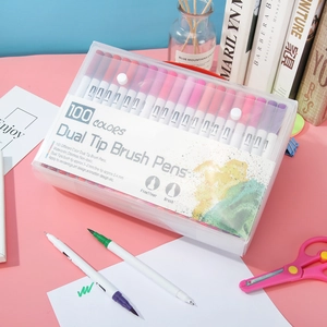 100 colors dual tip brush pens set for drawing and calligraphy in plastic storage case