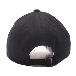 Rear view of a black cotton baseball cap with an adjustable metal buckle strap