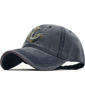 Navy blue washed denim baseball cap with vintage anchor embroidery for outdoor wear