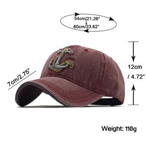 Detailed size specifications for red washed denim anchor embroidery baseball cap