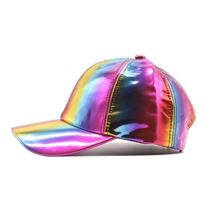 Rainbow holographic faux leather baseball cap with a shiny metallic finish and curved brim