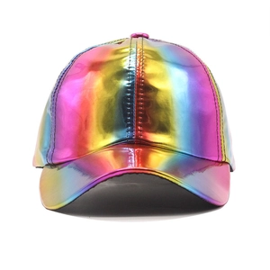 Rainbow metallic patent leather baseball cap with curved brim and shiny holographic finish