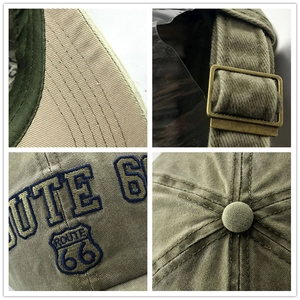 Vintage washed cotton Route 66 baseball cap with embroidery and adjustable metal buckle