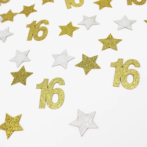 Close-up of sparkling gold number 16 and silver star confetti for birthday party decor