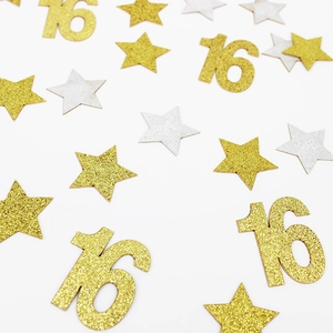 Sparkly gold and silver star and number 16 confetti for 16th birthday party decoration