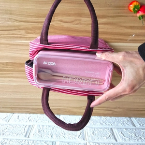 Pink striped insulated lunch bag with 900ml bento box and matching plastic utensils set