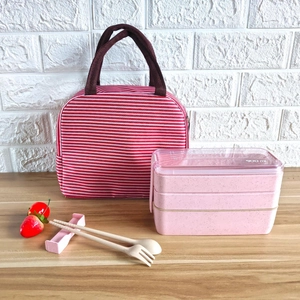 Pink wheat straw lunch box set with thermal striped bag and reusable cutlery set