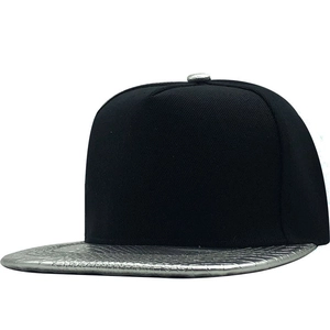 Streetwear flat brim baseball cap with black cotton crown and silver snakeskin texture visor
