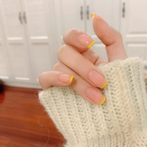 French Style Nude Color Press On Nails With Yellow Edge 24pcs Minimalist Glossy Medium Square Round False Nails For Women Daily