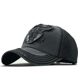Vintage washed charcoal baseball cap with distressed bull skull embroidery patch for adults