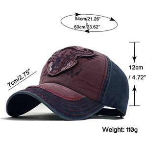 Detailed dimensions of a vintage bull head patch baseball cap with 7cm brim size