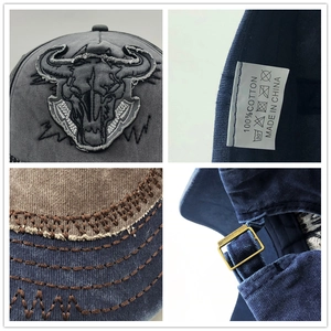 Detailed close-up of 100% cotton washed baseball cap with bull skull embroidery patch