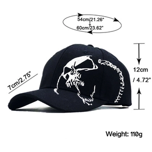 Detailed size guide of black baseball cap with white skull embroidery and dimensions