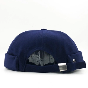 Navy blue cotton Miki Hat with silver metal buckle closure shown on white background
