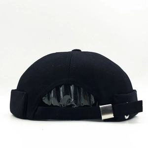 Back view of black cotton docker hat with adjustable silver metal buckle on white background