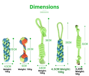 Size chart for cotton dog rope toys showing dimensions and weight for five varied styles