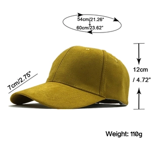 Detail view of ginger suede baseball cap with sizing specs 54-60cm and 110g weight