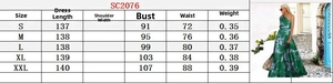 Detailed size chart for cold-shoulder tropical leaf print dress with measurements and weight