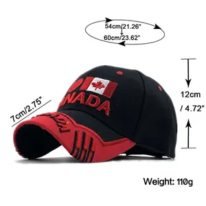Detailed size guide for black Canada flag baseball cap showing 54-60cm head circumference