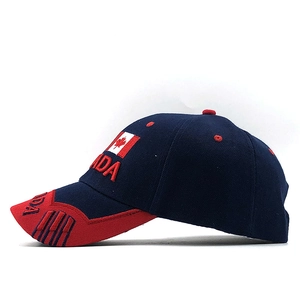 Detail of navy blue and red Canada flag embroidery on durable twill cotton baseball cap