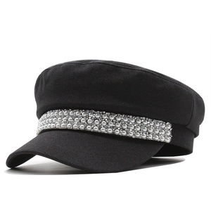 Women Vintage Newsboy Cap Cotton Sailor Hat Elegant Artificial Pearl Rhinestone Band Retro Adjustable Military Style Flat Top Cap