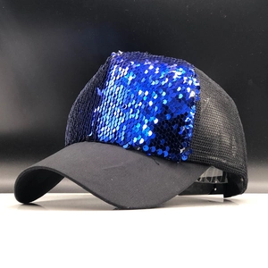 Navy sequin mesh baseball cap for girls with breathable back and matte black brim