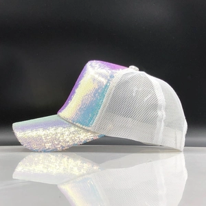 Glittery holographic baseball cap for women with white breathable mesh back