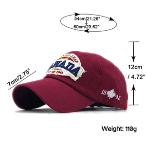 Detailed size chart of burgundy cotton baseball cap with Canada maple leaf embroidery