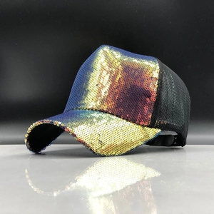 Women's sparkling sequin baseball cap with colorful gradient finish and breathable mesh back