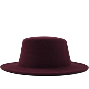 Classic burgundy flat top wool felt fedora hat with wide brim for autumn and winter