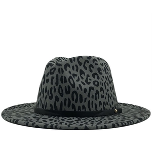 Chapeau fedora en laine léopard gris avec bord plat et boucle dorée pour homme et femme