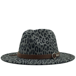 Gray leopard print fedora wool hat with brown leather belt and metal buckle on white background