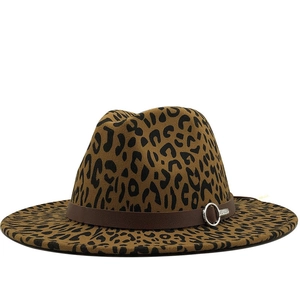 Classic leopard print wool fedora hat with flat brim and decorative brown leather band