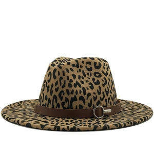 Classic leopard print wool fedora hat with flat brim and brown leather band detail