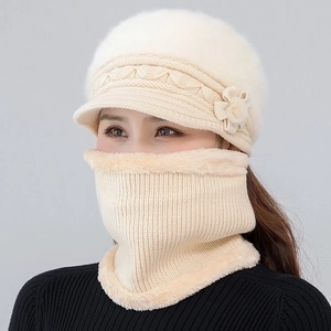 Winter knit flower hat and neck warmer set in cream white for elderly women