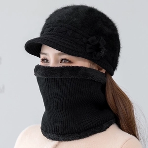 Winter knit hat and neck warmer set with floral accent and faux rabbit fur trim for women