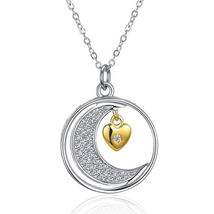 Elegant s925 silver moon necklace with gold heart pendant and sparkling zircons