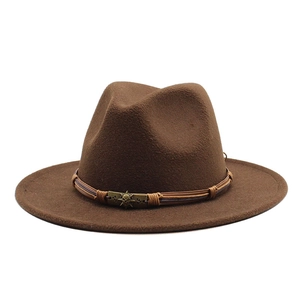 Detail of coffee brown wool fedora with metal buckle and woven leather band strap