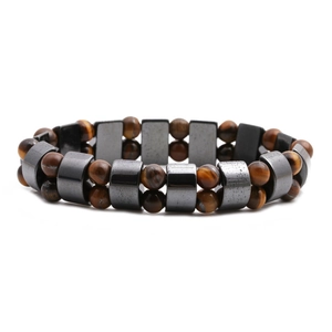 Men's double layer tiger eye and hematite stone bead bracelet on white background