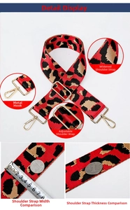 Macro view of adjustable 4cm leopard print bag strap with gold metal hooks and thickness detail