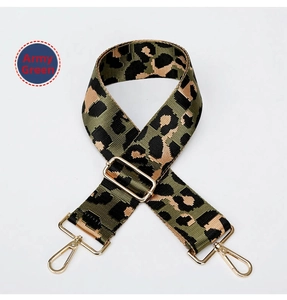 Detail of adjustable leopard print bag strap in army green with gold metal hooks