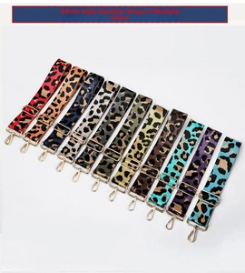 Adjustable leopard print bag straps with metal buckles in various vibrant color schemes