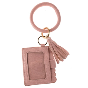 Pink lychee pattern PU leather card holder keychain with wristlet ring and tassel