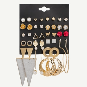 Detailed set of 20 pairs alloy earrings with pearls and rhinestones on black card
